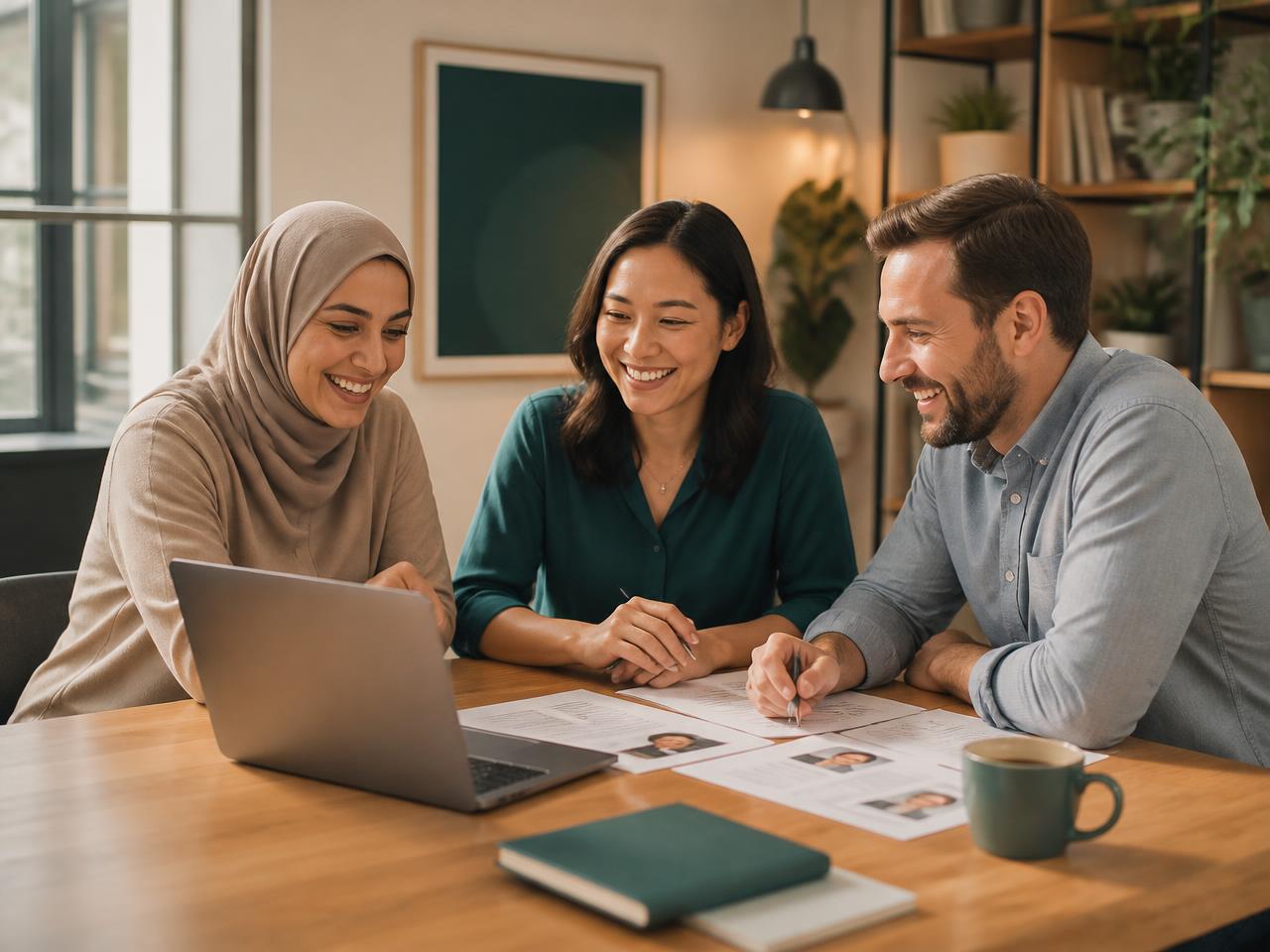 Three colleagues reviewing candidate profiles together at a meeting table
